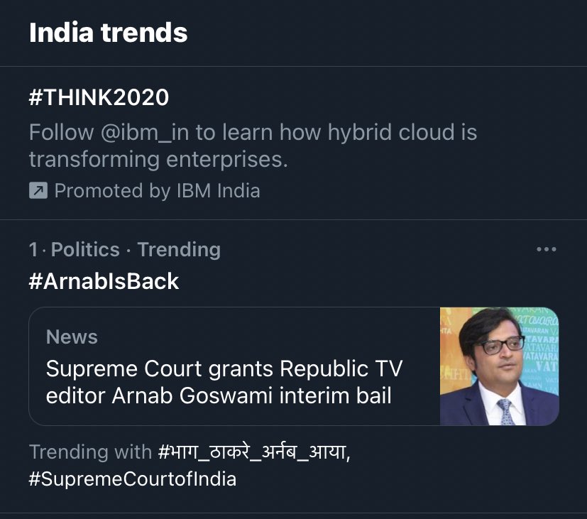 rupali2312's tweet photo. We are trending at number 1 in India trends and Number 2 Worldwide !! 🔥🔥

That's the amount of love people have for Arnab Goswami 🔥🔥

ROAR IT LOUDER MY WARRIORS!!! 

#ArnabIsBack 

@pradip103 @sucherita_k @SyyedSuhail @Rhythms22 @swetatripathi14 @ashutoshjourno @_PreetiPandey https://t.co/pkEYcmPNRC