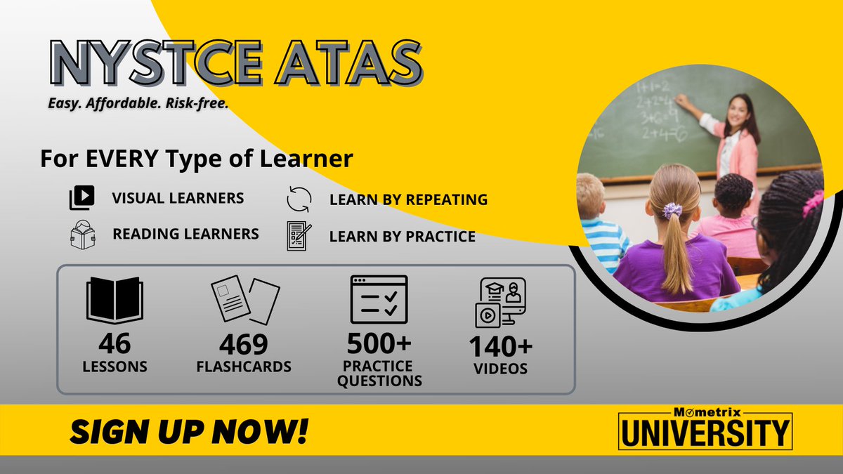 Mometrix's tweet image. Passing the NYSTCE ATAS test doesn't happen overnight. It takes perseverance, hard work, self-trust, and the right preparation course. At Mometrix University, we want you to achieve that goal!
Learn more! mometrix.com/university/nys…
#Mometrix #PrepThatEmpowers