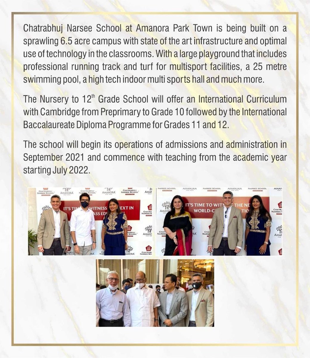 It gives us immense pleasure to announce the Foundation Stone Laying Ceremony of Methibai Devraj Gundecha Foundation's - Chatrabhuj Narsee School which took place at Amanora Park Town, Pune, at the hands of Shri <a href="/PawarSpeaks/">Sharad Pawar</a> &amp; Shri <a href="/AUThackeray/">Aaditya Thackeray</a> on 10th November, 2020.