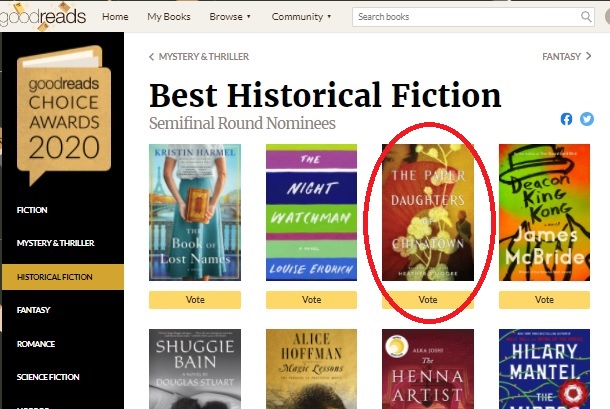 So honored to be in the semi-finals! If you're on @goodreads consider voting for #ThePaperDaughtersOfChinatown in the Historical category for the #GoodreadsChoice awards🥳 Voting link here: goodreads.com/choiceawards/b…