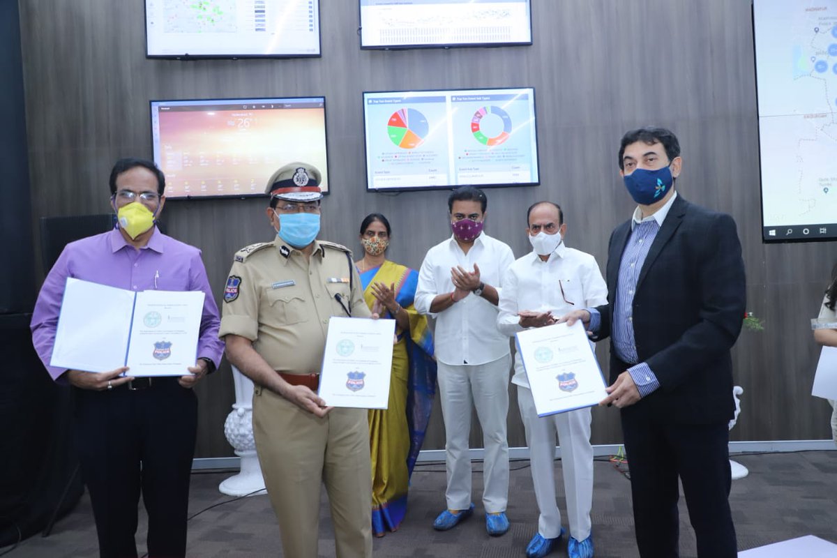 TSHomeMinister's tweet photo. MOU signed by Sri M.Mahender reddy DGP, Sri Jayesh Ranjan Principal secretary, IT department regarding Public safety integrated operation centre@ Cyberabad Commissioner of Police office,today  in the presence of  Hon'ble Ministers Sri KT Ramarao,Smt Sabitha Indra Reddy and me. https://t.co/EKLrdvjUUj