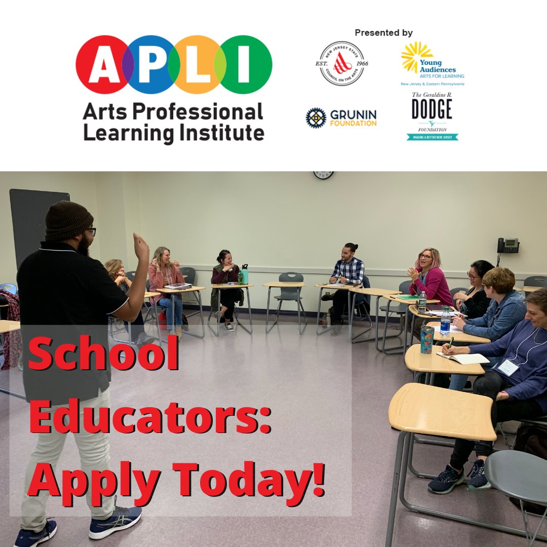 NJ Educators - Have you heard of APLI: NJ's arts education professional learning program? Receive arts-specific PD and a free, 3-day residency inside of your classroom! Educators receive PD credit hours and $1000 stipend. Visit njapli.org | Deadline 12/4/20