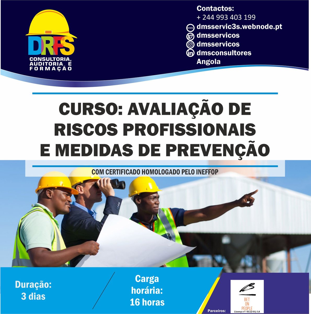 DmsServicos's tweet photo. 📣Última chance!
Ainda dá tempo para realizar o Curso de Avaliação de Riscos Profissionais e Medidas de Prevenção - Inicio 28/11/2020 aos Sábados.  
Faça a sua inscrição agora! 
📧geral.drfs@gmail.com ou info.drfs@gmail.com
📢Últimas vagas!
#shst #hst #hse #ehs #angola https://t.co/PFBLwuWTR8