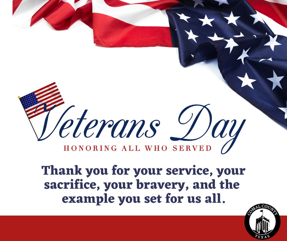 ComalCountyTX's tweet photo. Happy Veterans Day to our military and their families, who sacrifice so much to keep our country safe and strong. 
Thank you for your service. https://t.co/gZVNygab2b