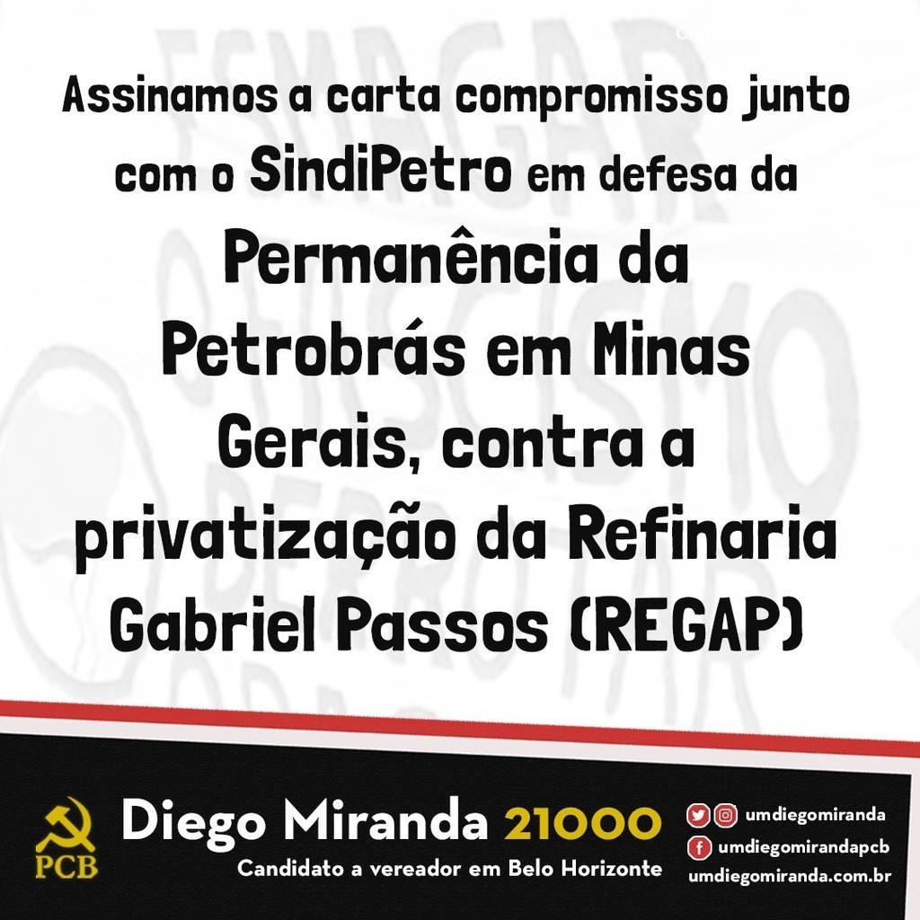 umDiegoMiranda's tweet photo. O próximo compromisso é com o @sindipetromg e a pauta contra a privatização da Refinaria Gabriel Passos, mais uma tentativa de enfraquecimento da Petrobrás em Minas Gerais.
.
.
.
#BeloHorizonte #Eleições2020 #EleiçõesBH #PoderPopular #PoderPopularMG #Pet… https://t.co/lMqbyBtMW1 https://t.co/Cj7ApIaF9y