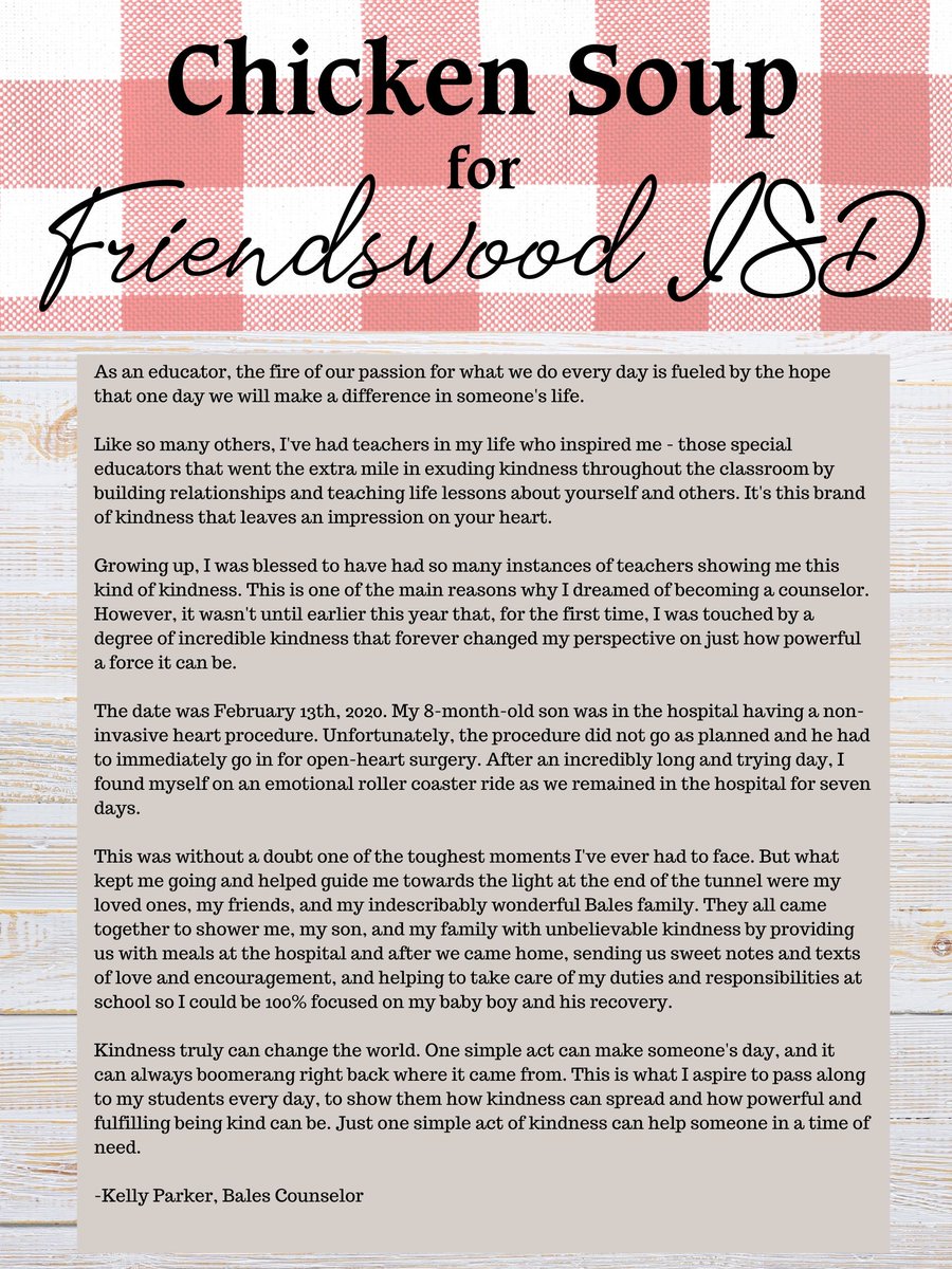 friendswoodisd's tweet photo. We're not crying, you're crying 😭This is such a great #ChickenSoup story from Bales Counselor Kelly Parker - definitely warms the soul! Read it here: https://t.co/tJIyD6meSb https://t.co/F41oOSG3tc