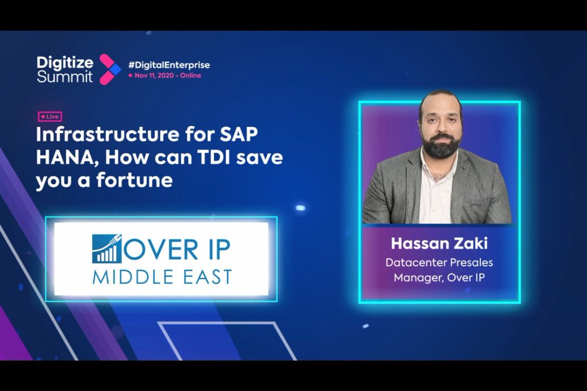DigitizeSummit's tweet image. ⚡⚡ Hassan Zaki from OVer IP Middle East Session ⚡⚡

Topic: &quot;Infrastructure for SAP HANA, How can TDI save you a fortune&quot;
Speaker: Hassan Zaki, Datacenter Presales Manager, Over IP

Watch now: buff.ly/32yg43k

#DS2020 #digitizesummit #digitalenterprise