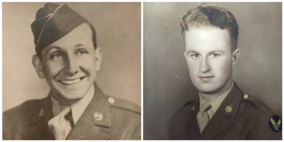 markstickel's tweet photo. Veterans Day 2020
Honoring two WWII Vets - My Father-in-Law on the left, Lester, who fought in the Battle of the Bulge and received two Purple Hearts.  On the right is my Dad, Paul, who served in the 312th Bomb Group in the Army Air Corps in the Philippines.  Miss both of them. https://t.co/9WnDfDJlEW
