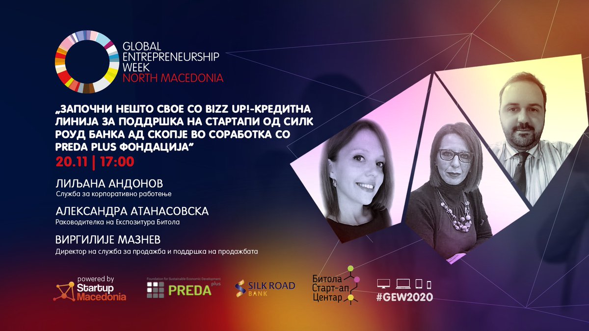 GEW_N_Macedonia's tweet photo. "Start something on your own with Bizz Up! -Credit line for support of startups from Silk Road Bank AD Skopje in cooperation with the PREDA Plus Foundation" Join us at #GEW2020 to find out more! https://t.co/bOa7YwP7HG