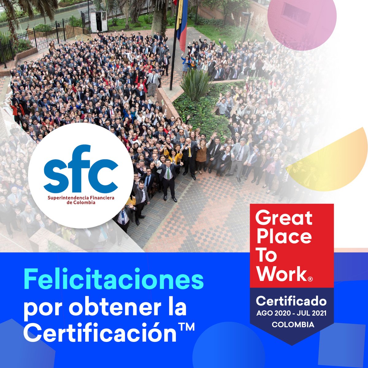 GPTW_Colombia's tweet photo. La @SFCsupervisor de Colombia✨ busca que sus colaboradores se sientan parte importante de la Entidad.🎖Apalancado el Ambiente Laboral como un potenciador de la Entidad y sus valores.
🎉¡Felicitaciones!👏✨ #GPTWCertfiedCOL
Certifícate aquí 👉 https://t.co/hVUZLUT3qB https://t.co/Zhn2CDUqfS