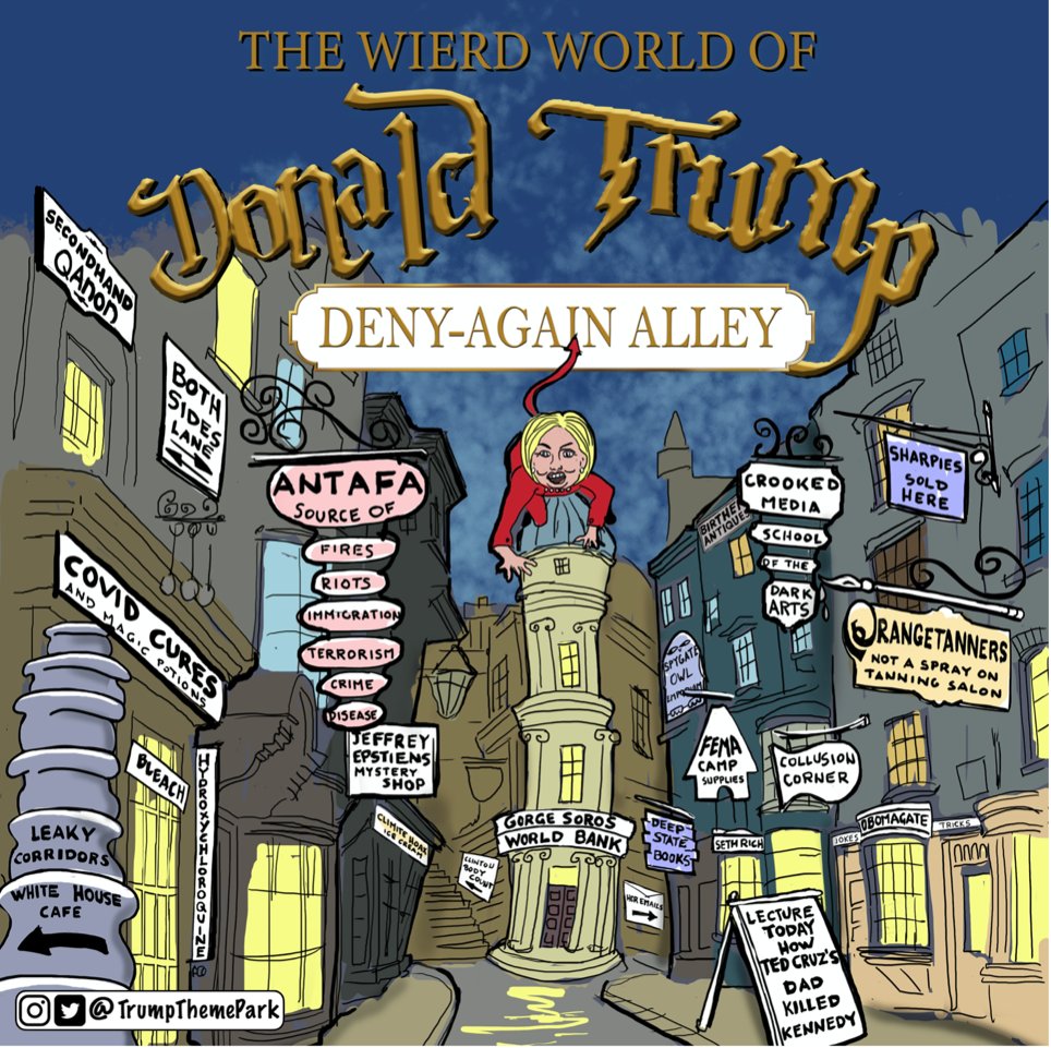 TrumpThemePark's tweet photo. SHIT! –– Lame Duck Don won’t shut Trumpland down; instead, he presents DENY-AGAIN ALLEY, a magical realm of fear-mongering, falsehoods, fibbery and effed-up fantasy. #BidenWon #TrumpCoupPlot #TrumpTantrum #COVID19 #LockThemUp #CoupAttempt #ConcedeTrump https://t.co/rBpmynjF89