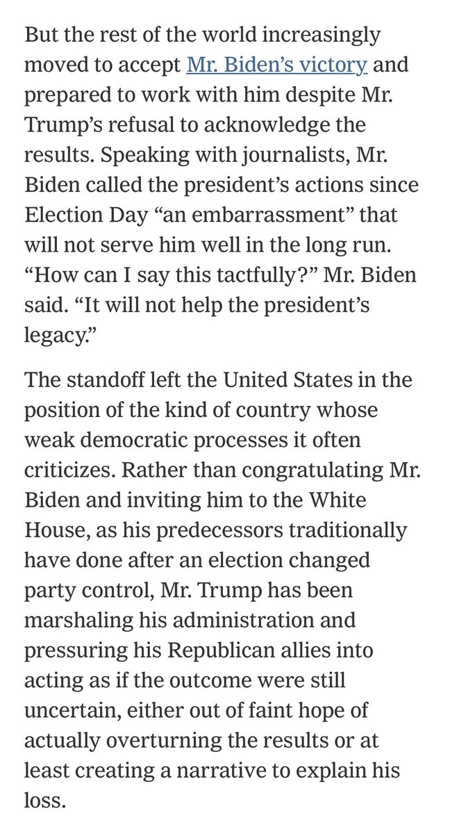 Fiction: “Both sides are playing politics”- @HowardKurtz, misinforming Americans:  https://www.nybooks.com/daily/2020/11/01/americas-press-and-the-asymmetric-war-for-truth/Fact: No  @POTUS in American history has lost re-election, refused to concede defeat, lied about widespread fraud, & abused state power to keep power https://www.nytimes.com/2020/11/10/us/politics/trump-election-results.html