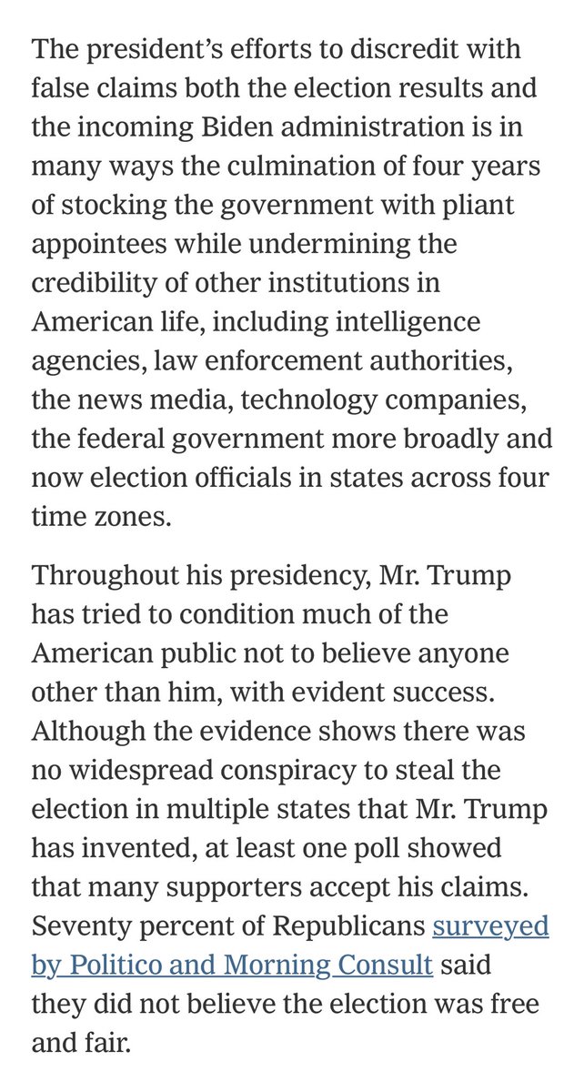 Fiction: “Both sides are playing politics”- @HowardKurtz, misinforming Americans:  https://www.nybooks.com/daily/2020/11/01/americas-press-and-the-asymmetric-war-for-truth/Fact: No  @POTUS in American history has lost re-election, refused to concede defeat, lied about widespread fraud, & abused state power to keep power https://www.nytimes.com/2020/11/10/us/politics/trump-election-results.html