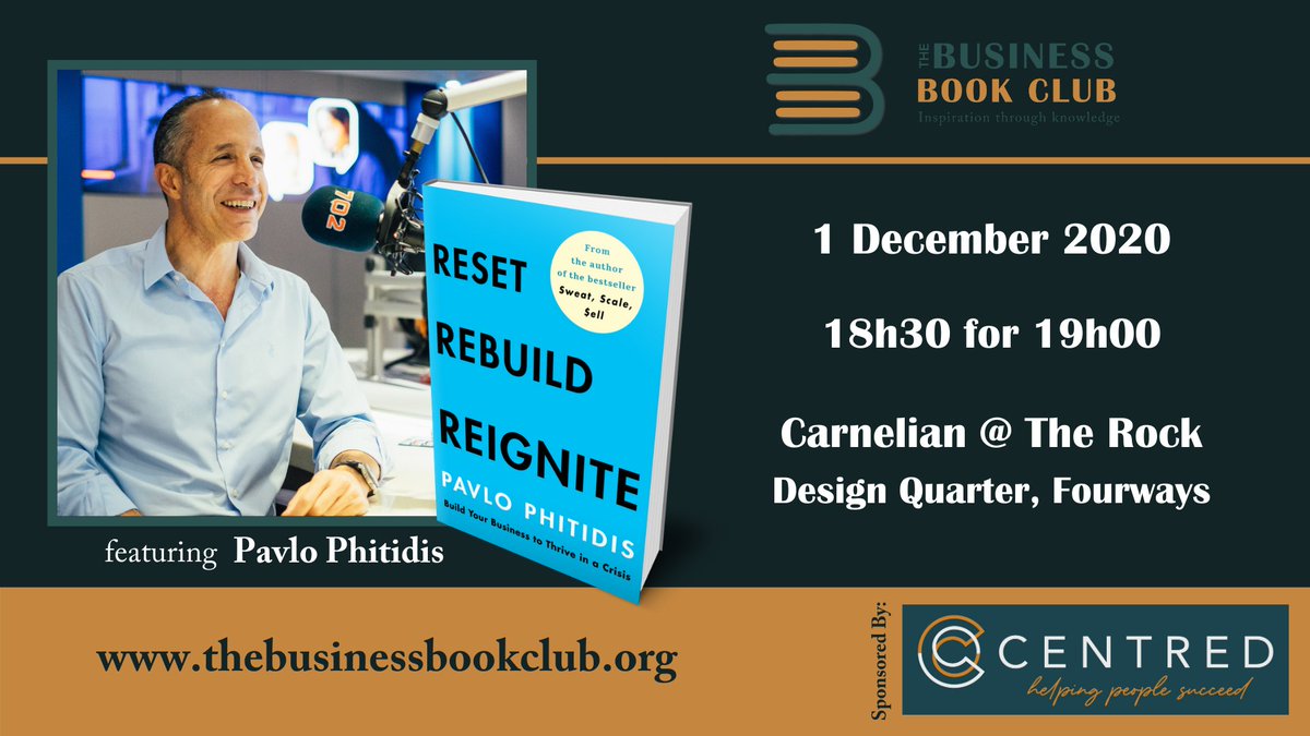 tbbcsa's tweet photo. Our final event of the year will be LIVE on 1 Dec. @JacquesVelleman will interview @pavlobiz on his new book he wrote during lockdown: Reset, Rebuild, Reignite.  For more info &amp; to book: https://t.co/eOiMNgWGRe #books #thebusinessbookclub #bookclub #author #southafrica https://t.co/OCRb0js6T8