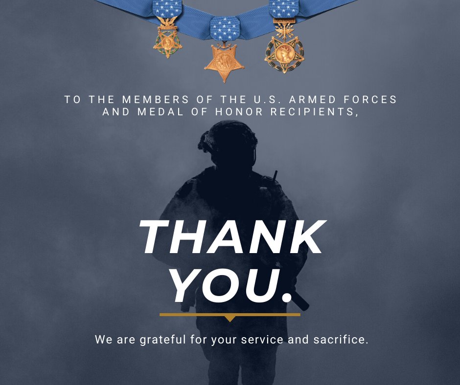 CMOH_Society's tweet photo. Today, we would like to say thank you to all of the brave men and women who have served in the U.S. Armed Forces. Whether you are currently serving or have retired, we are grateful for your dedication to protecting our nation.  

#VeteransDay #Veterans https://t.co/nZ7klu5isA