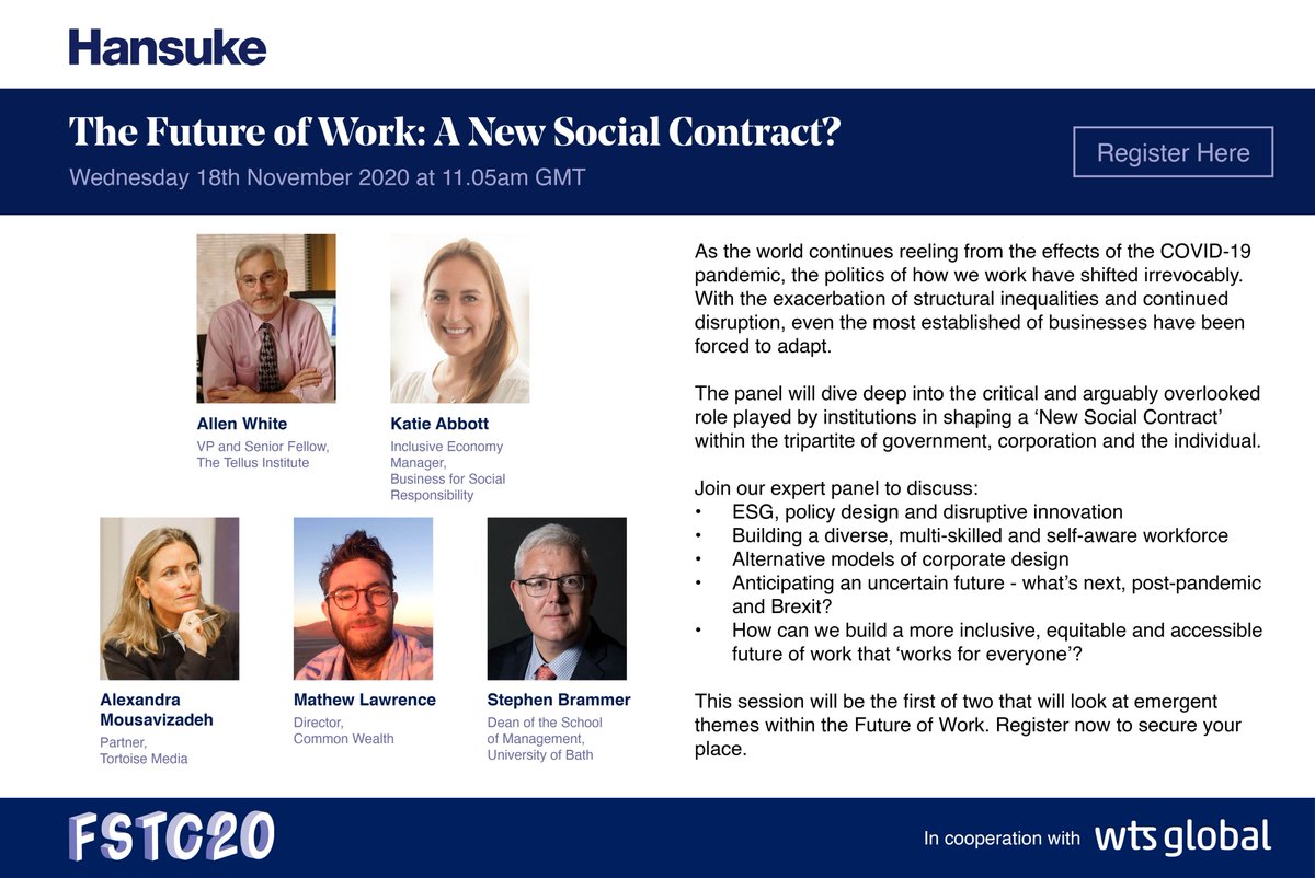 wtshansuke's tweet photo. #FSTC20 Announcement!
Tune in to an engaging Keynote and discussion with our panellists from @TellusInstitute, BSR, @Tortoise, @cmmonwealth and @UniofBath for our first Future of Work session.
https://t.co/CjWl3uvXB4 https://t.co/rCIGMEveka