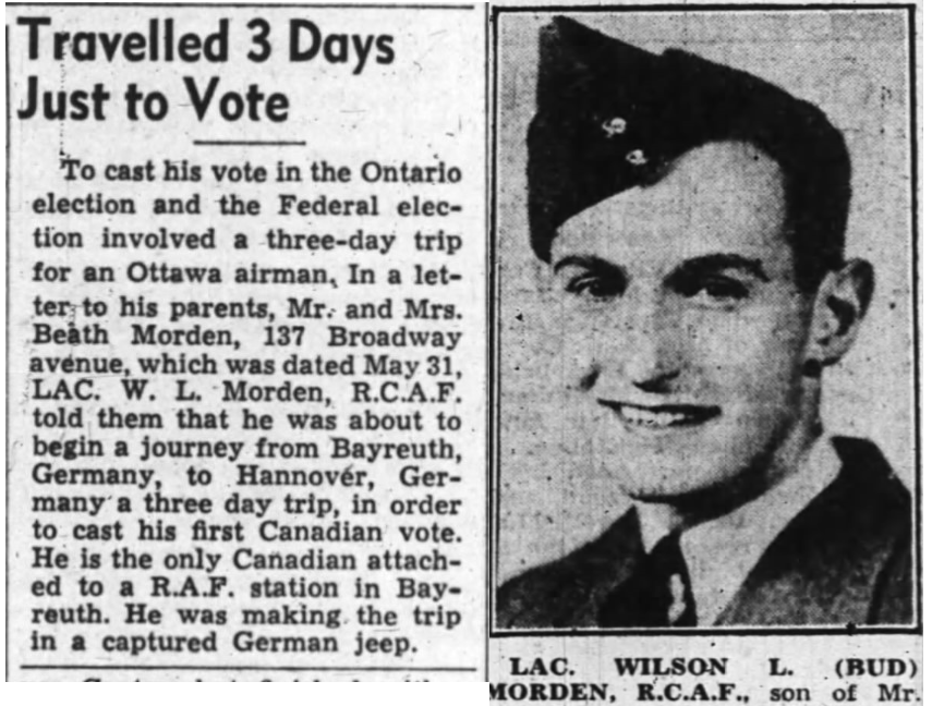 mordenm's tweet photo. Grandpa Bud drove three days alone in a Germany jeep to reach a Canadian base, so he could vote for the first time. #LestWeForget https://t.co/1TXps86QVB