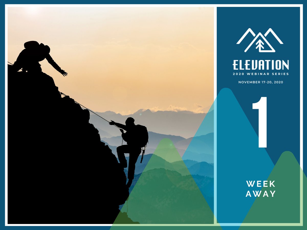 The countdown is on! Don't forget to register for the Elevation: 2020 webinar series. Visit the website for info about sessions, speakers, workshops, social events and more! #Plan2Elevate bit.ly/3m9n7GZ