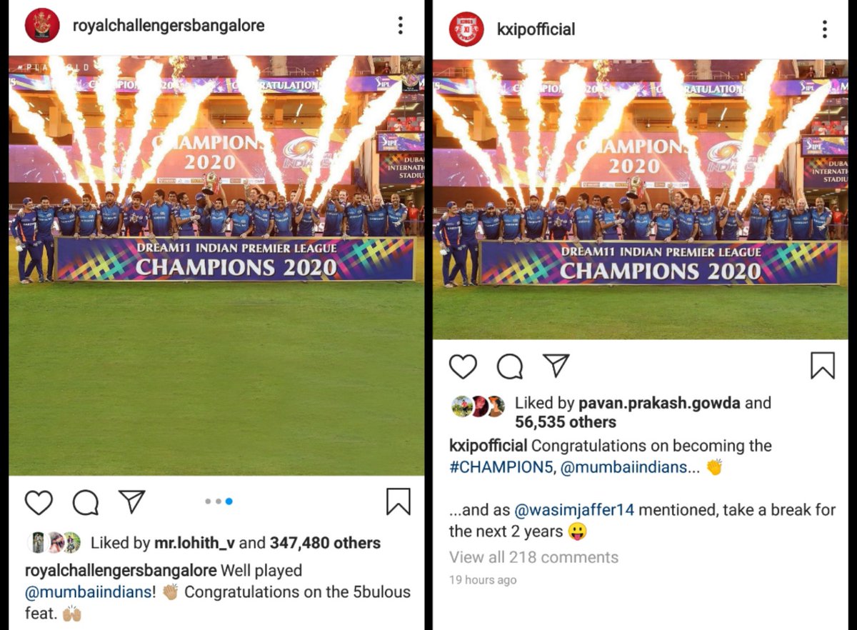 mr_sanjay_mp's tweet photo. These are only teams to wish @mipaltan on their 5th @IPL win.
Another reason to love @RCBTweets @lionsdenkxip

#IPLfinal #IPL2020 #MIChampion5 #RCB #KingsXiPunjab https://t.co/DSzlsi7f7d