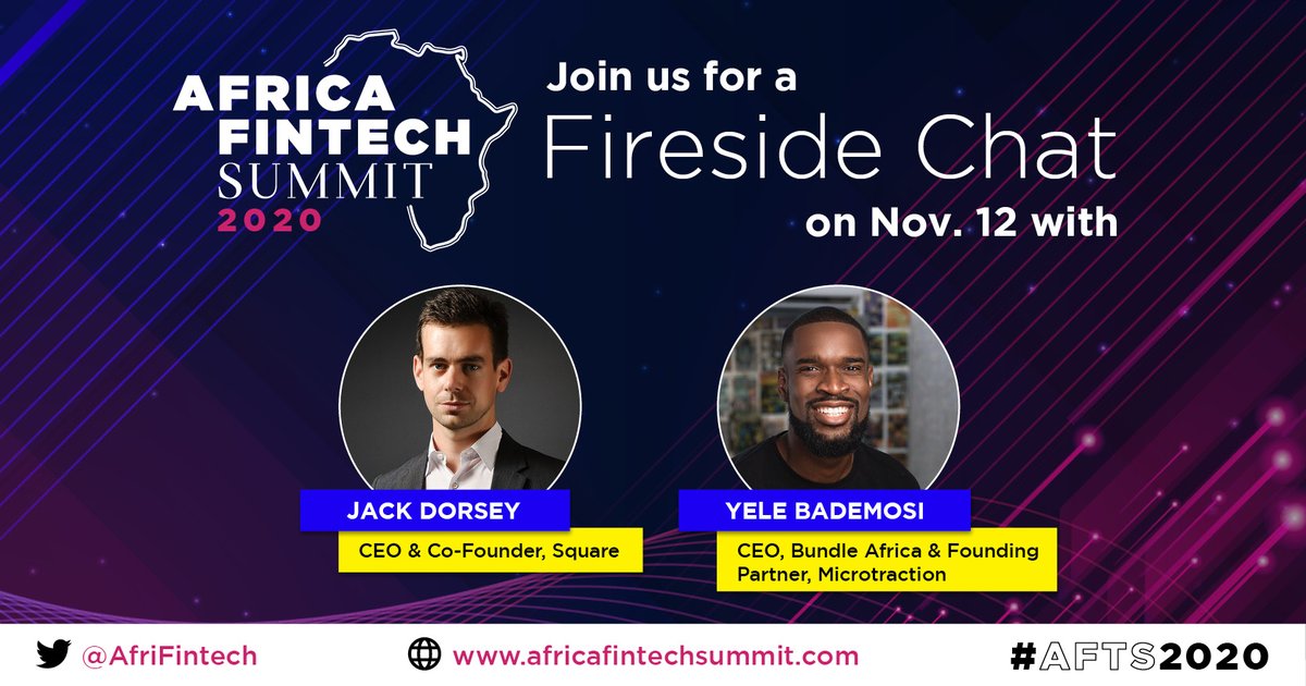 AfriFintech's tweet photo. "#Africa will define the future (especially the #bitcoin one!)" 

#AFTS2020 is pleased to welcome @jack to answer the who, what, when, where, and why of #fintech in Africa tomorrow with @YeleBademosi!

Don't miss out! Register today at https://t.co/yb80NDRFwR https://t.co/Vg0sF9Qgc7