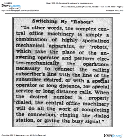 Postscript #2: If you think robots are just for industry, think again. Here's a newspaper article from 1930 on "robots" replacing telephone operators.