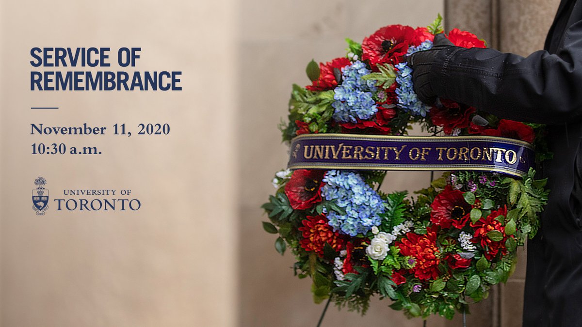 UofT's tweet photo. This Remembrance Day, tune in for #UofT's 2020 Service of Remembrance online at 10:30 am EST.

Join us as #UofTRemembers the @uoftalumni, students, faculty and staff who fell in the First and Second World Wars and other conflicts. https://t.co/b5yJWYpxQT https://t.co/IYNqJVJNoI