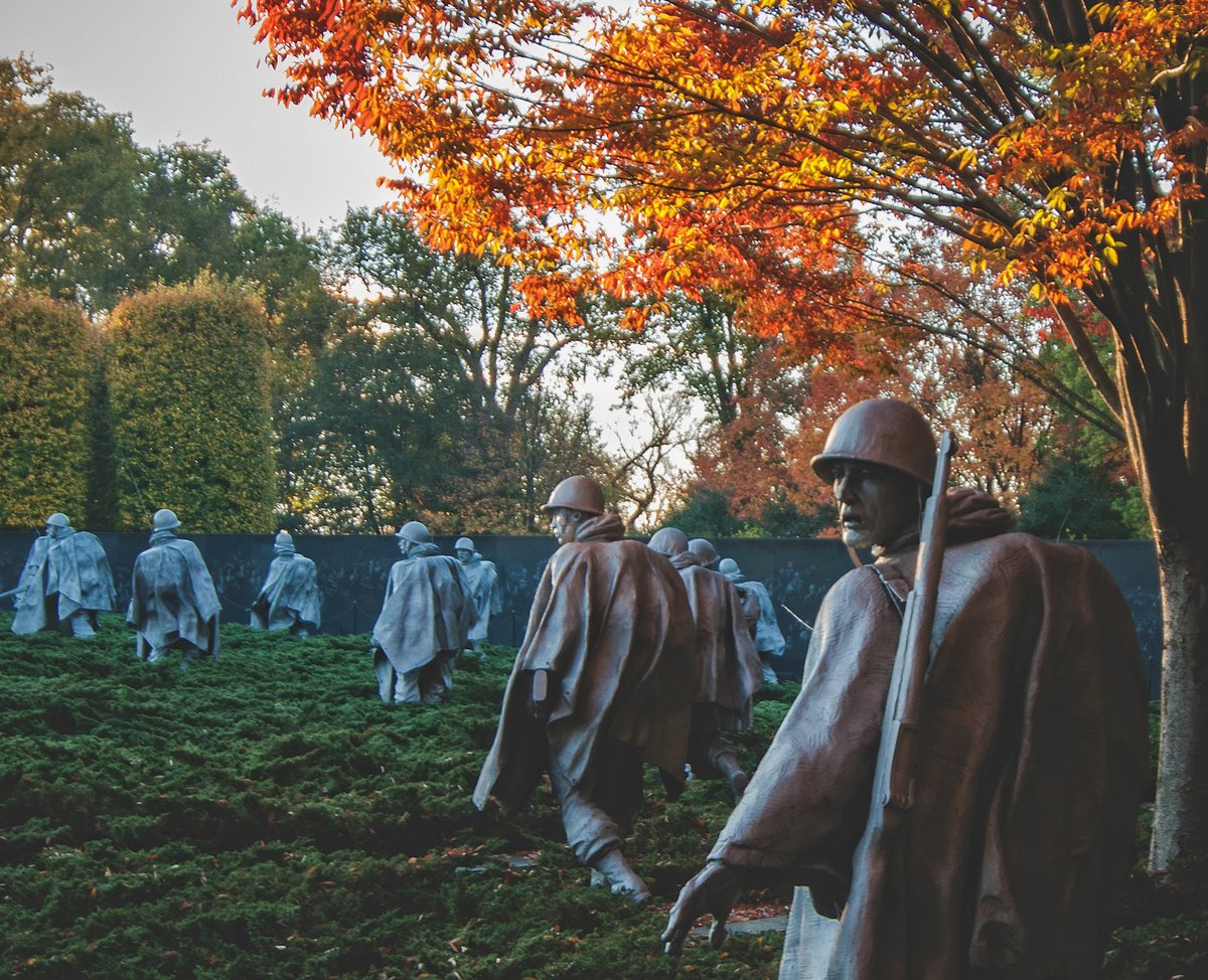 Interior's tweet photo. On Veterans Day, we honor all the brave men &amp; women who have served our nation in uniform. Thank you for your service &amp; sacrifice. Pic at the Korean War Veterans Memorial @NationalMallNPS courtesy of Nathan Jones #WashingtonDC https://t.co/dWHQLXY4sO