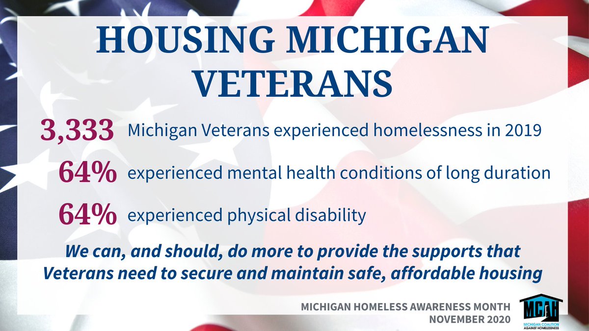 mihomeless's tweet photo. Michigan communities work hard to ensure that our Veterans have safe, affordable homes - but we still have over 3,000 Veterans who experienced homelessness in 2019. We can, and should, do more. #HAM2020 #EndMIHomelessness #VeteransDay https://t.co/6KNoT0zhNW