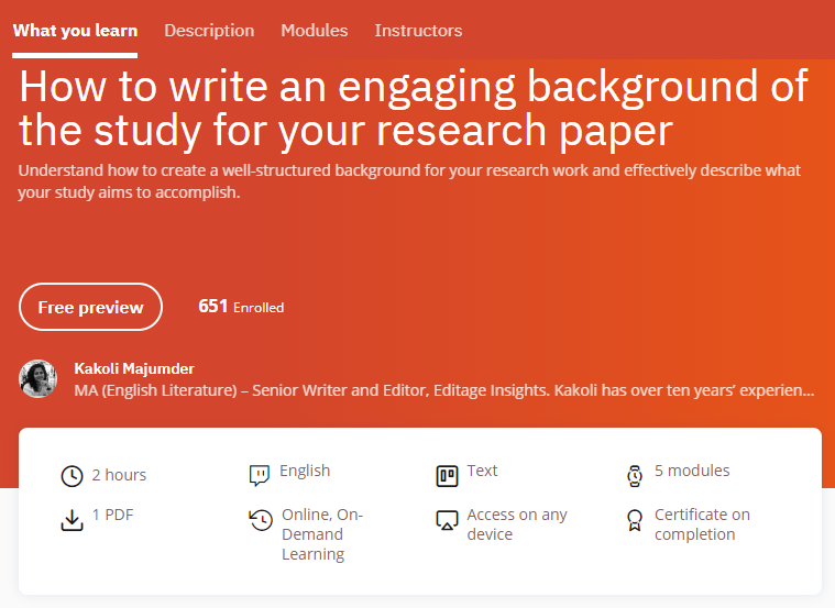 Editage's tweet photo. Course on writing an engaging #studyBackground for your #researchPaper - from our sister brand, #RUpskill. Know more here. ๐ https://t.co/epBVo3rO1G
#AcWri #AcWriNo #academicWriting #researchWriting #upskill #upskilling https://t.co/RXdgrxOG9L