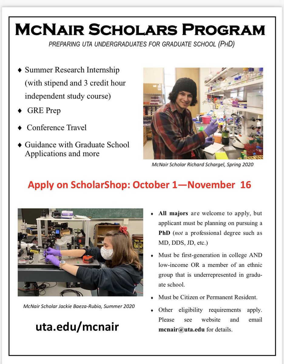 mfaye_uta's tweet photo. Calling all future professors!! The McNair Scholars program is a federally funded initiative that prepares first-generation/low-income and/or ethnically/racially underrepresented students for entry into graduate school, acquisition of the PhD, and, ideally, a career in academia!! https://t.co/AolEi5ZUE5