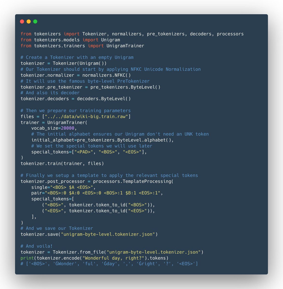 numyard_ds's tweet photo. Tokenizers 0.9 is out, and you are going to love it! 
-  Full support for Unigram (SentencePiece)
-  Numpy arrays as input
- Many new components for better customization
-  Shiny new docs: https://t.co/6o5a0up1tO

Check how to create a byte-level Unigram:

#deeplearning #nlp https://t.co/W5GMnsPaNm