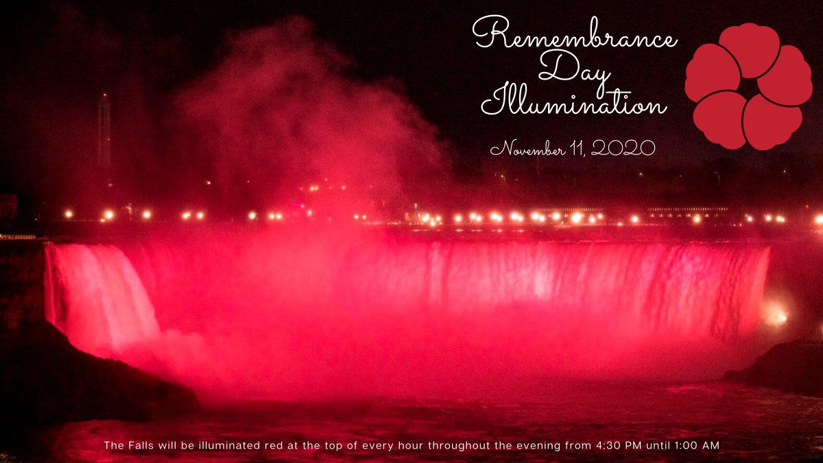 jimdiodati's tweet photo. Tonight on Wednesday, November 11th, the Falls will be illuminated in red at the top of every hour in remembrance &amp; recognition of those who served &amp; continue to serve selflessly to achieve peace. #CanadaRemembers @NiagaraFalls #LestWeForget https://t.co/8wkWW23JnX
