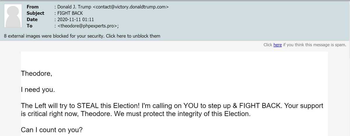 hopeseekr's tweet photo. So I opened up the "FIGHT BACK!!!" email from 1:11 AM EST 2020-11-11 (#SacredNumbers)

Imagine if you're unhinged psychologically.

@realDonaldTrump just personally told you to FIGHT BACK to SAVE THE COUNTRY@

#CivilWar2020 https://t.co/0yz6TGxo84