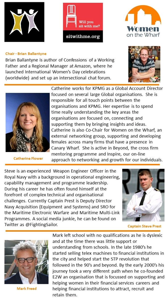 Steve Prest ⚔️ 🛠️⚡⚓🍓 (@fightingsailor) on Twitter photo I've been invited to join <a href="/brianballantyne/">Brian Ballantyne</a> and a high-powered panel to talk about:
"Why did Inclusion become important to me?"
An important topic for #InternationalMensDay
Spoiler: wp.me/p6WT6D-2a
Sign up details below.
<a href="/MenForInclusion/">Men for Inclusion</a> <a href="/WOTWLondon/">Women on the Wharf</a> <a href="/SitWithMe/">Sit With Me</a> I've been invited to join <a href="/brianballantyne/">Brian Ballantyne</a> and a high-powered panel to talk about:
"Why did Inclusion become important to me?"
An important topic for #InternationalMensDay
Spoiler: wp.me/p6WT6D-2a
Sign up details below.
<a href="/MenForInclusion/">Men for Inclusion</a> <a href="/WOTWLondon/">Women on the Wharf</a> <a href="/SitWithMe/">Sit With Me</a>