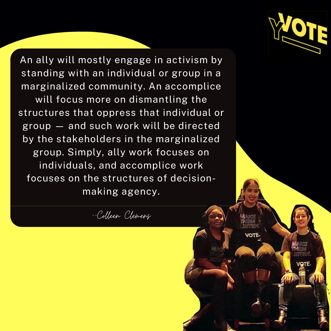 YVoteNY's tweet photo. Important to understand these distinctions. Are you—and do you aim to be—an ally or an accomplice? And how are you doing the work?
We ALL need to be accomplices now.
#2020VisionForChange #youthagenda2020 #youthvote #vote https://t.co/VqILAWSGKU
