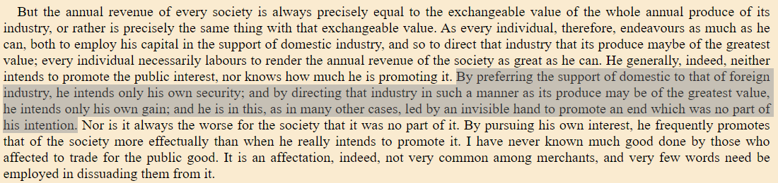 oren_cass's tweet photo. Huh.

The phrase "invisible hand" appears exactly once in Adam Smith's The Wealth of Nations, in a sentence that starts, "By preferring the support of domestic to that of foreign industry..."

https://t.co/l8kwN7JBq7 https://t.co/v14Im9xoo6
