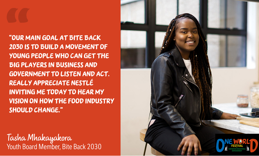 NestleUKI's tweet photo. Now we are hearing from @BiteBack2030 Youth Board & co-chair @tasha_tatenda, who is passionately sharing her views on what the future of food should look like in terms of accessibility and marketing to consumers, particularly children. #ONEWORLD2020🌎 https://t.co/nIFUszHiXP