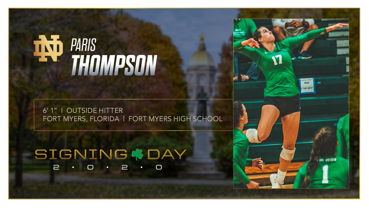 NDvolleyball's tweet photo. • AVCA Preseason All-American 🇺🇸
• Lee County Player of the Decade 💪
• 2019 Florida 6A Player of the Year 🏆

Welcome to the #NDFamily, Paris Thompson!

#SigningDay x #GoIrish☘️ https://t.co/YWGGj2Sq0Y