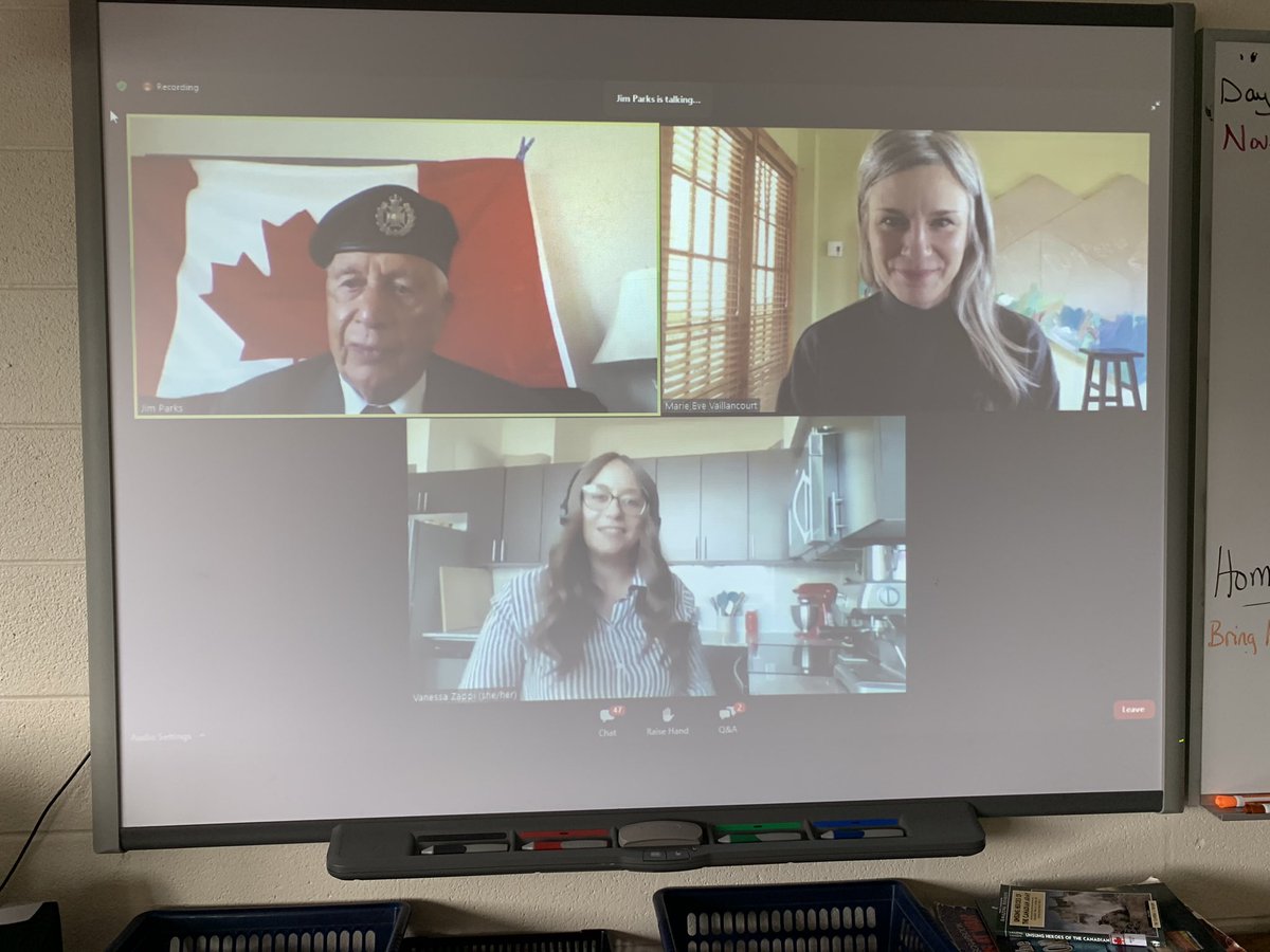 KyteMr's tweet photo. Our class was very lucky to be involved in a virtual meeting with D-Day veteran Jim Parks.  What a privilege to be able to hear him speak and hear students from across Canada (every Province and Territory!) have their questions answered. #WeRemember https://t.co/n4JAbI9TRL