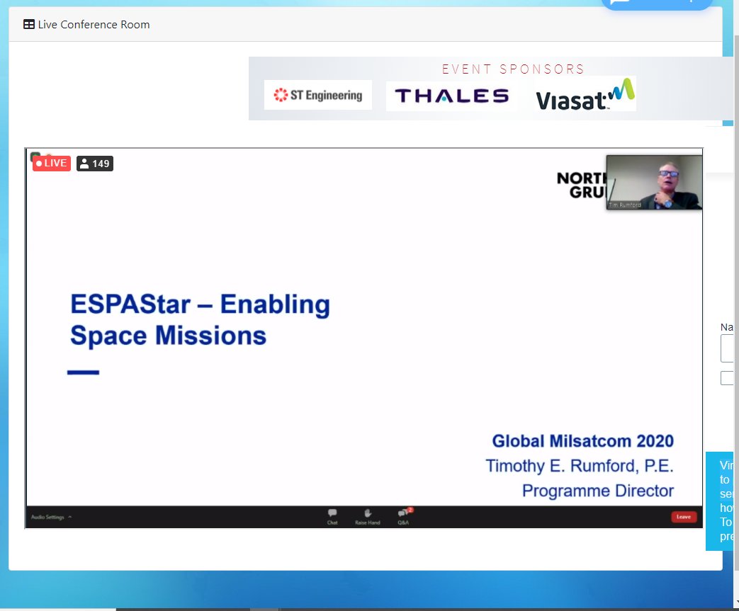 SAEMGDefence's tweet photo. ESPAStar – Enabling Space Missions presentation by Mr Tim  Rumford, ESPAStar Program Director at Northrop Grumman Corporation, USA who are also sponsoring is next at #GlobalMilSatCom 
#payload #EPAStar #milsatcom #usa #spacemissions https://t.co/prFEjoevph