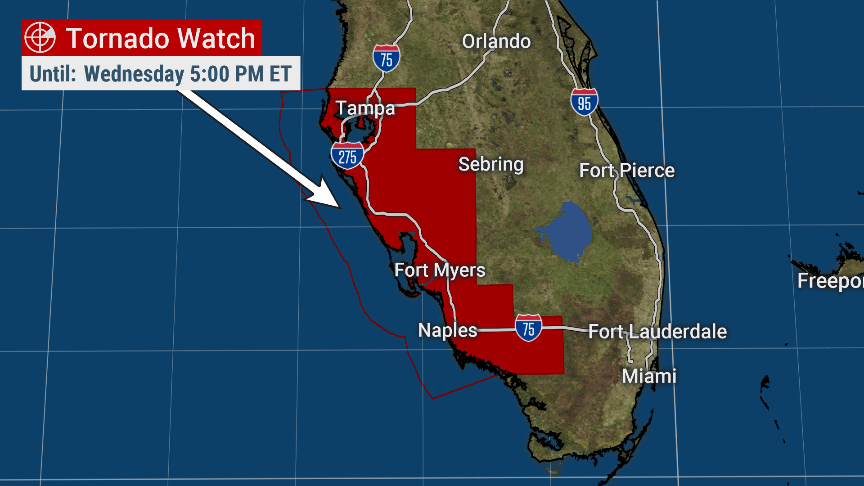 weatherchannel's tweet photo. NEW: A tornado watch is now active in Southwest Florida until 5 p.m. ET. https://t.co/5a5tcpjRIh