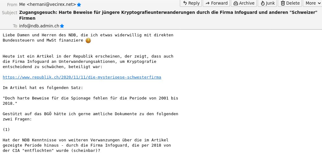 vecirex's tweet photo. @adfichter @SylkeGruhnwald @mehdi_atmani Ich habe ein Zugangsgesuch an den Staatsschutz NDB gestellt, um mehr über jüngere Verwanzungsspiele durch die @InfoGuardAG und anderen im Artikel erwähnten Firmen in Erfahrung zu bringen.
#BGÖ #CryptoAG++ #FOIATerror #StopNDB #NDGnein #parlCH https://t.co/GtjYhB80ob