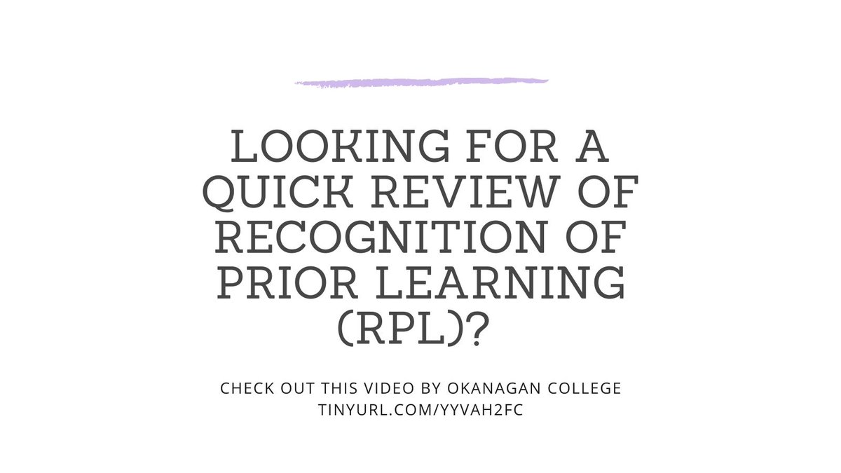 BCPLAN1's tweet photo. Check out this video on Recognition of Prior Learning (RPL) by Okanagan College! It gives a great review of RPL and how it works. https://t.co/bgfMVv44gS #RPL #PLAR #priorlearningrecognition #priorlearningassessment https://t.co/bcFfQQqK7k