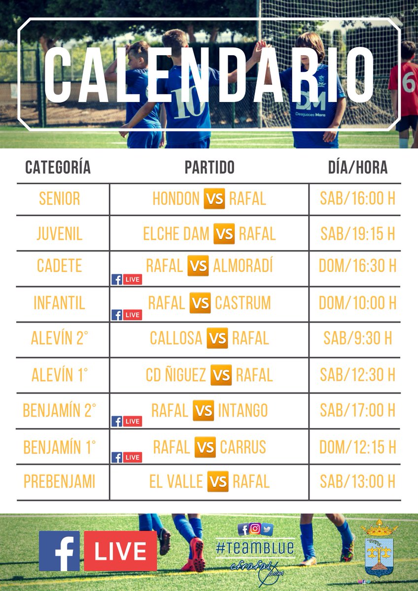 CF_Rafal's tweet photo. Esta semana entran en juego ⚽️ todos los equipos #TeamBlue, estos son los ⏰ horarios de todos los partidos, en esta jornada emitimos cuatro partidos 📺 #Facebookdirecto 
📌 Cadete
📌 Infantil
📌 Benjamín 2°
📌 Benjamín 1°

#TeamBlue 
La diversión está en el juego https://t.co/FYaCEfkNhr