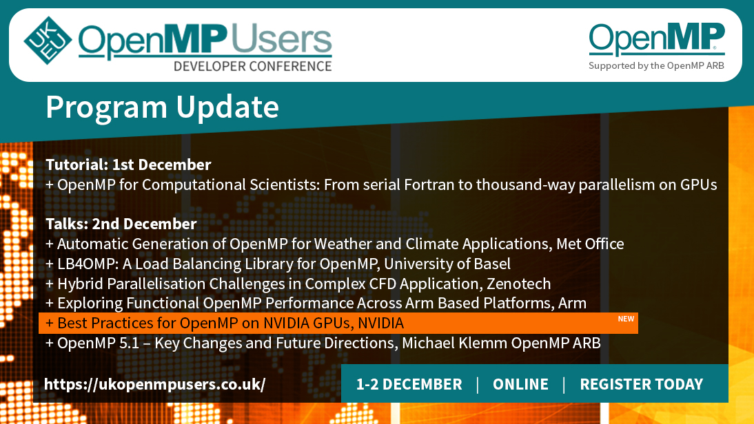openmp_users's tweet photo. Program Update: Talk on "Best Practices for OpenMP on NVIDIA GPUs" added to agenda for 2nd Dec.  Presented by Jeff Larkin and Tim Costa from @nvidia. Register at: https://t.co/tFPVfX2Rr1 @OpenMP_ARB @NVIDIAHPCDev https://t.co/4C0SR3yD3a