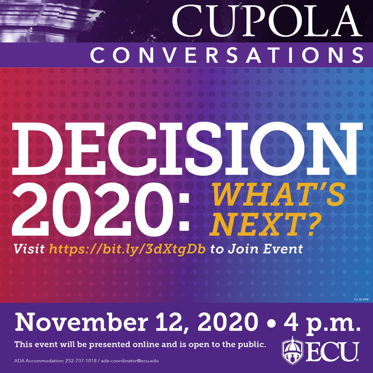 Join ⁦<a href="/EastCarolina/">ECU</a>⁩ for our last Cupola of 2020. This will be an interactive session where participants will share and lead the conversation. ⁦<a href="/ecudeanstudents/">ECU Dean of Students</a>⁩ ⁦<a href="/ECUInnerPirate/">ECU InnerPirate -Student Affairs</a>⁩ ⁦<a href="/ECUDrHardy/">VC Student Affairs</a>⁩ ⁦<a href="/ECUChancellor/">Philip Rogers</a>⁩