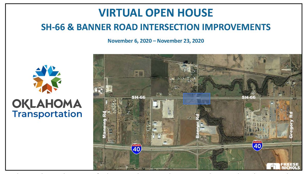 OKDOT's tweet photo. CANADIAN CO.: Make your voice heard by reviewing the alternatives for the SH-66 and Banner Rd. intersection between El Reno and Yukon on the live virtual open house at https://t.co/yetRVHiIVQ through Nov. 23. Comments may be submitted online, via email or mail by that date. https://t.co/jZMkM9sN9K