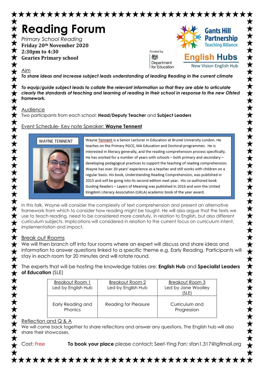 We are excited to offer this FREE CPD on reading with Keynote Speaker Wayne Tennent. To book please contact Seet-Ying Fan: sfan1.317@lgflmail.org
