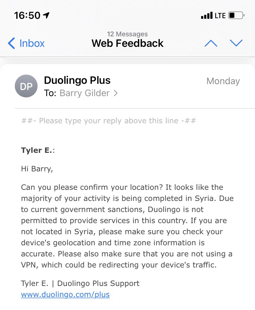 bpgilder's tweet photo. The Ambassador of the Republic of South Africa to the Syrian Arab Republic and the Republic of Lebanon is prevented from learning a language on @Duolingo because he is subject to US sanctions!!! https://t.co/5R56tsbDmI