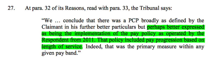 6/ Prima facie indirect discrimination was pretty much accepted before the ET. The real battle was on justification. The ET identified the PCP as implementation of a pay policy which included pay progression by length of service, reduced from 3 spinal points per year to 1.